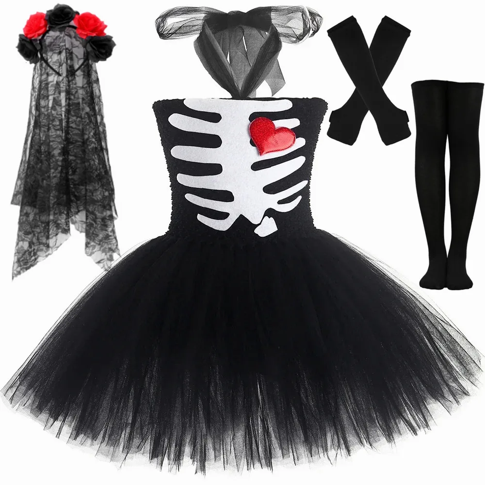 Skeleton Ghost Corpse Bride Costume for Girls Black Scary Halloween Tutu Dress Baby Kids Day of The Dead Carnival Party Dress Up