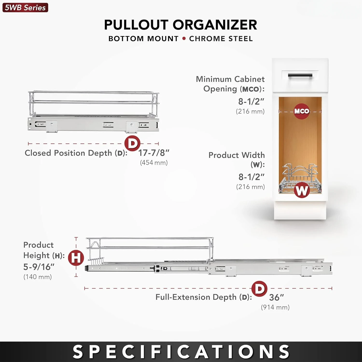 Kitchen Cabinet Pullout Shelf and Drawer Organizer Slide Out Pantry Storage Basket in Multiple Sizes, 8.5 x 18 In