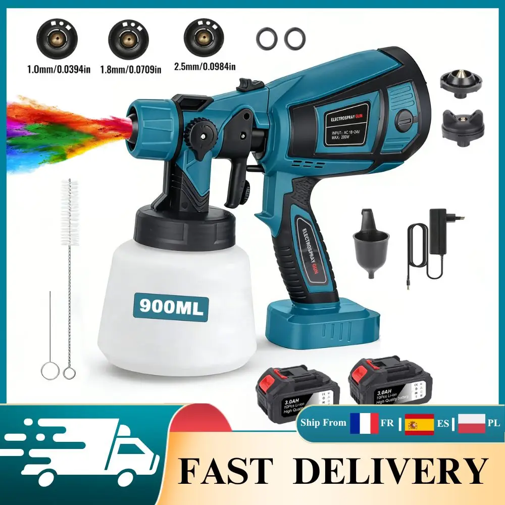 Pistolet pulvérisateur électrique haute capacité 900 ml HVLP sans balais avec 3 buses pour meubles, murs et projets de bricolage