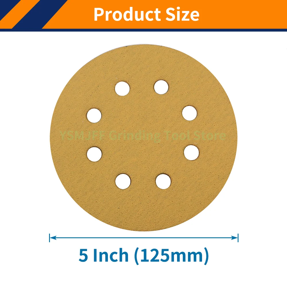 50PCS 5 Inch 8 Hole Gold Sanding Discs Hook and Loop Dustless Random Orbit Sandpaper 40-800 Grit for Automotive and Woodworking