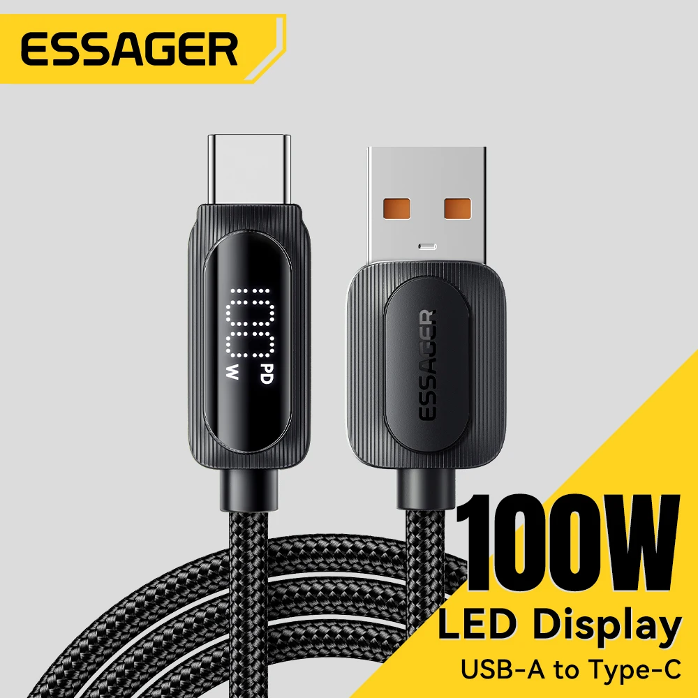 Essager 100W USB A do Type C Kabel do szybkiego ładowania Type C Przewód do transmisji danych dla Xiaomi Samsung Huawei Realme z kablem LED do wyświetlacza cyfrowego