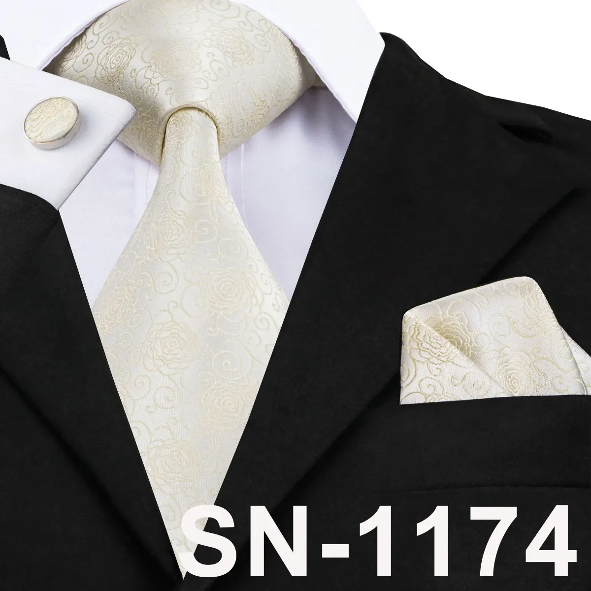 Men's Champagne Ivory White Solid Tie & Cufflinks Set, Wedding