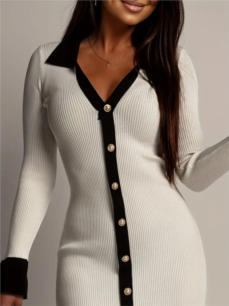 Primavera e autunno nuovo comodo abito casual da donna elegante scollo a V a vita alta a maniche lunghe con volant gonna corta a maniche lunghe