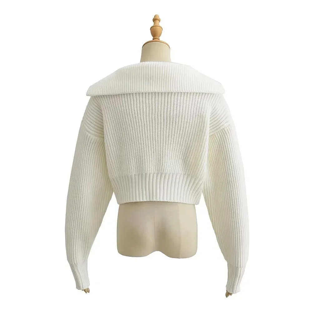 Women\'s Fashion Turn Down Collar Crop Knit Sweater Spring Autumn Casual Plain Long Sleeve Daily Pullovers Sweater New 2024