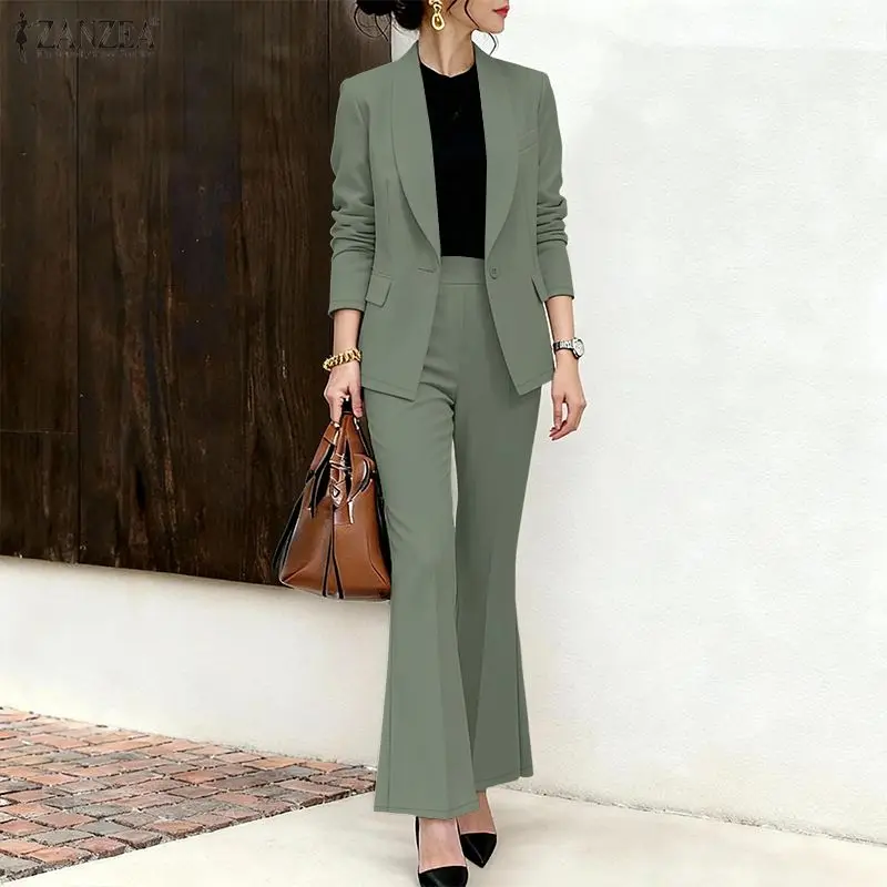 

Women's Formal Blazer Suits Long Sleeve Shawl Collar Jackets & Wide Leg Pants 2 Pieces Sets Outfits ZANZEA Office Lady Pant Sets
