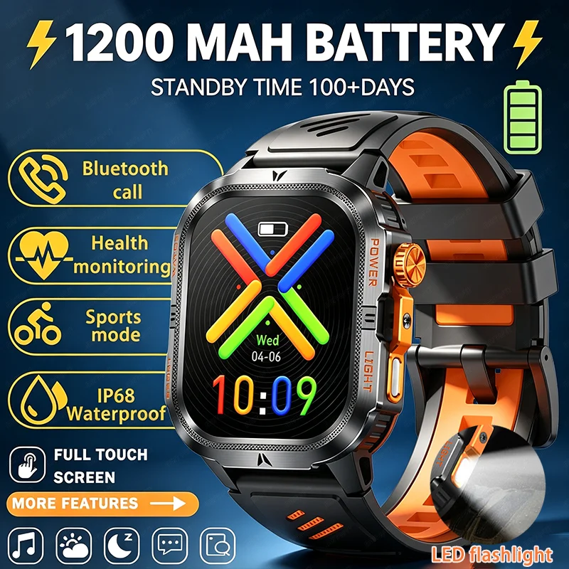 

2026 New Outdoor 1200mAh Large Battery Smart Watch Men 2.01" HD Screen IP68 Waterproof Flashlight BT call Sports Smart Bracelet