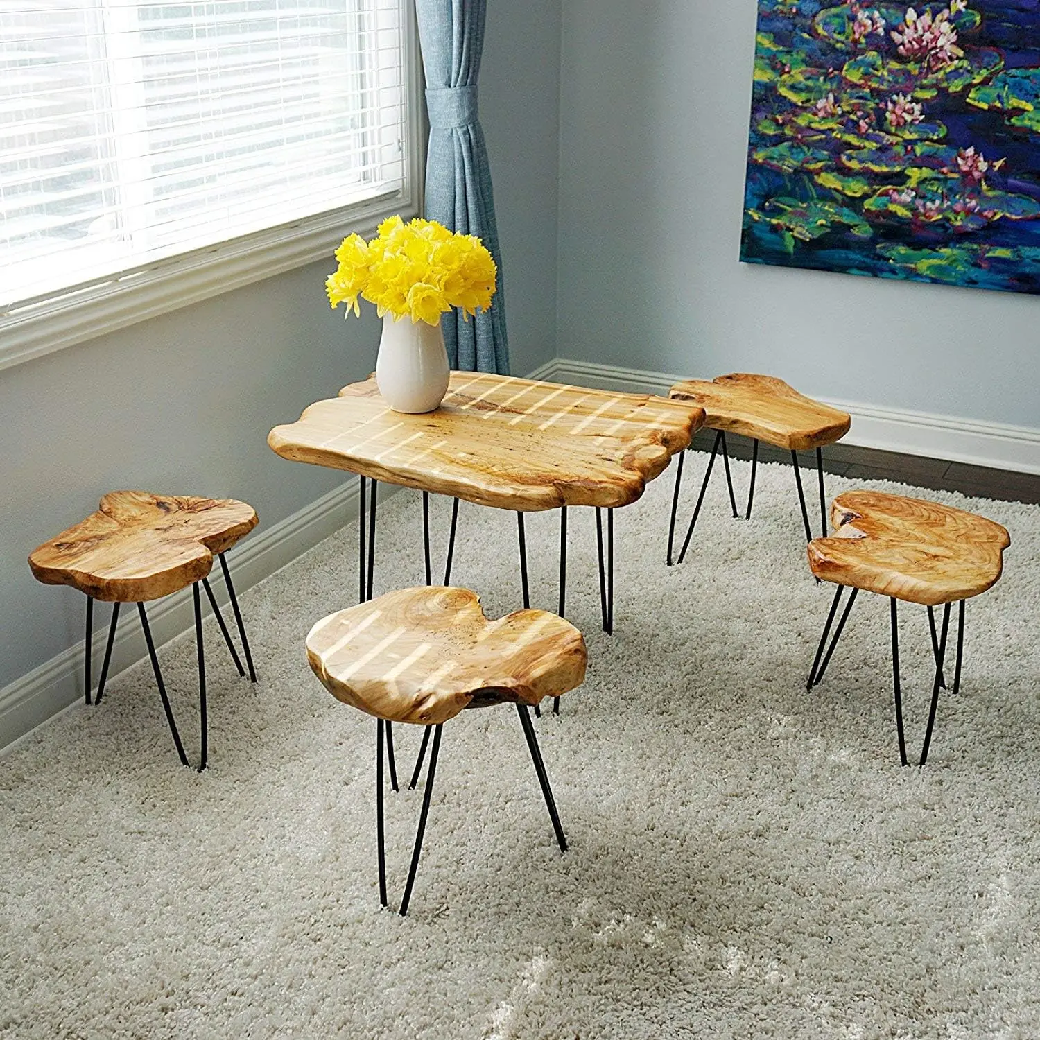 Natural Edge Coffee Table, Small Square Cedar Wood Table, 28X20.5X20.5 Inches, Unfinished