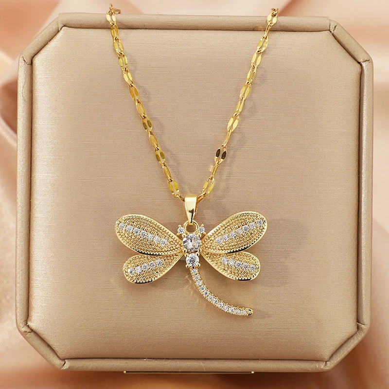 1PC Dragonfly Pendant Animal Necklace Gold Plated Copper Stainless Steel Chain Women Girls Jewelry Vacation Party Gift