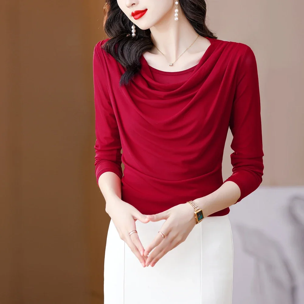 

Women Roman Collar Fold Neck Long Sleeve T Shirt S-3XL Full Sleeve Elastic Slim Tops Office Ladie Mesh Perspective Sexy Tees