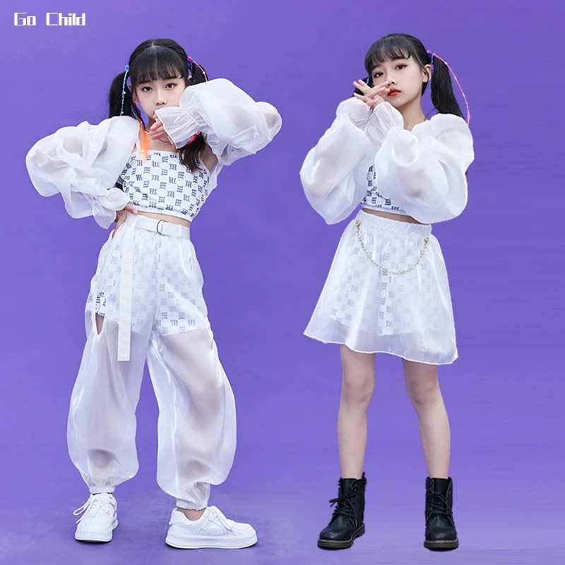 Girl Group Clothes Sets Hip Hop Kids Crop Top Chiffon Pants Street Dance Lace Skirts Child Fashion Streetwear Elegant Costumes