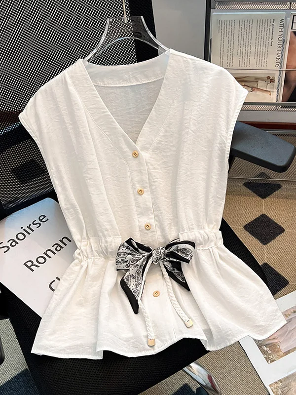 

Женская летняя блузка с V-образным вырезом и завышенной талией, свободного кроя, стройнящая, с декоративными вставками, из полиэстера