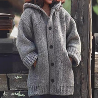 Solid Color Loose Mid-length Hooded Sweater Coat, Women's Autumn Winter Casual Single-breasted Cardigan Sweater with Pockets