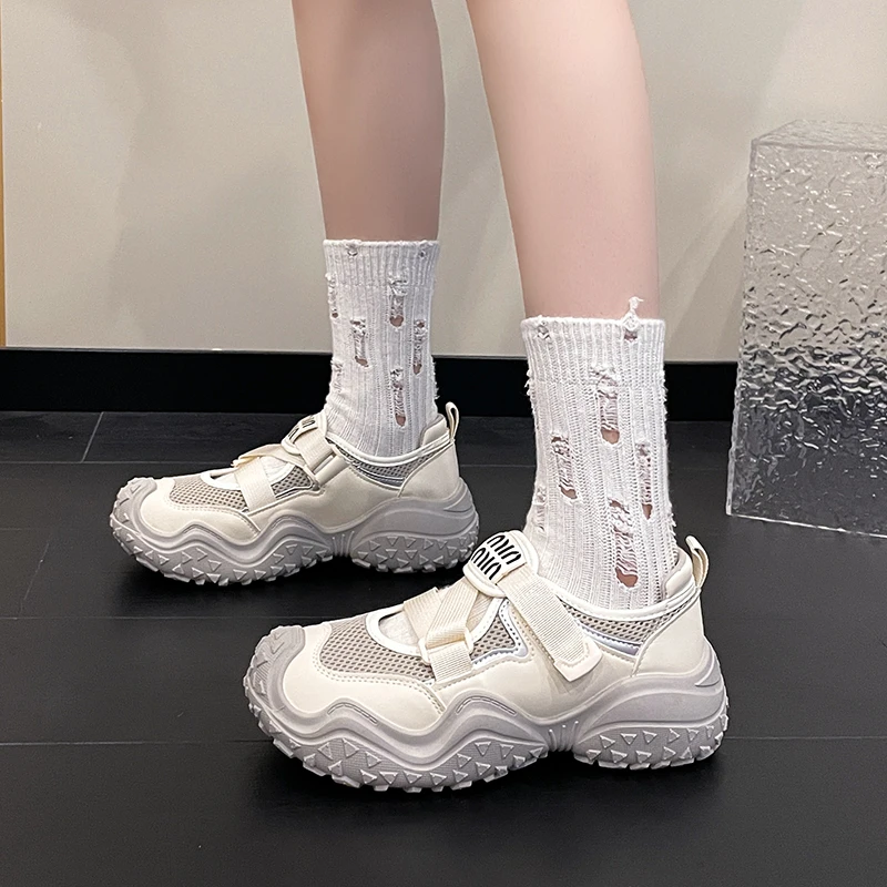 2024 Summer New Mary Jane Retro Ugly Women\'s Shoes Mesh Cloth Tire Thick Bottom Hollow Sports Sandals Anti-slip Wear Sneakers