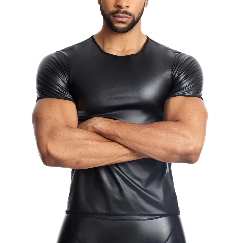 New Men\'s Black T-Shirt Faux Leather Short Sleeve Tops Male Slimming Shirt Body Shaper Waist Trainer Leather Shapewear Underwear