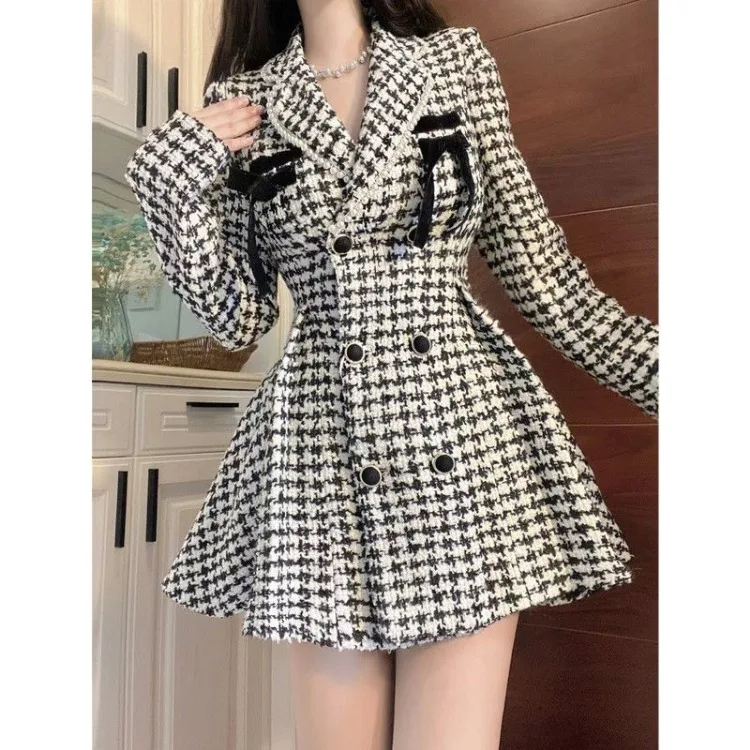 Vintage Houndstooth Blazer Dresses Y2k Slim Waist Long Sleeve Vestidos De Mujer 2024 Early Autumn New Dress for Women