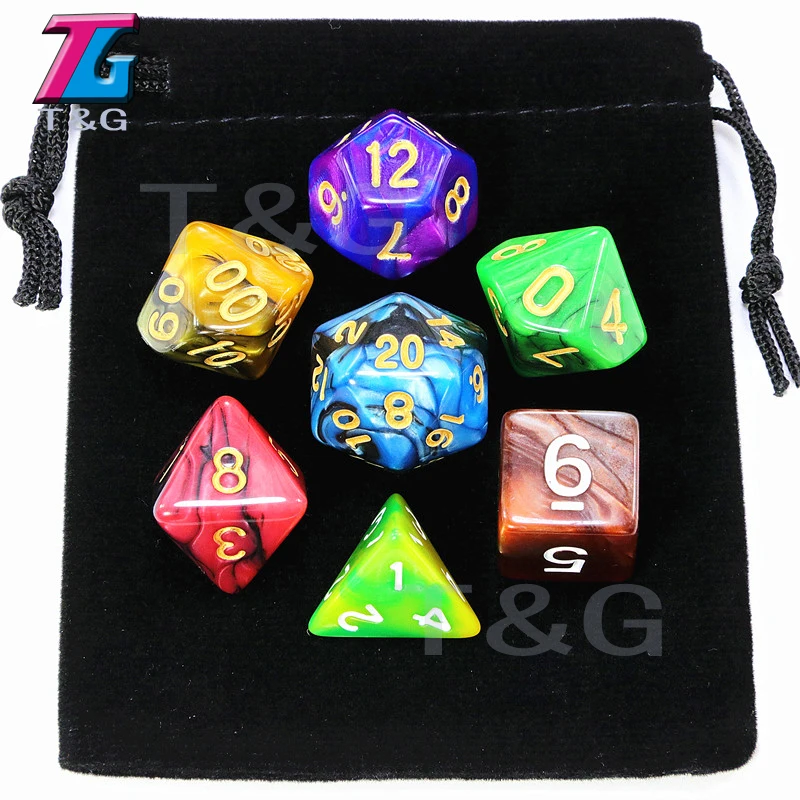 7pcs Dice with Bag  DnD d4,d6,d8,d10,d%,d12,d20 Polyhedral Board Game Pieces rpg