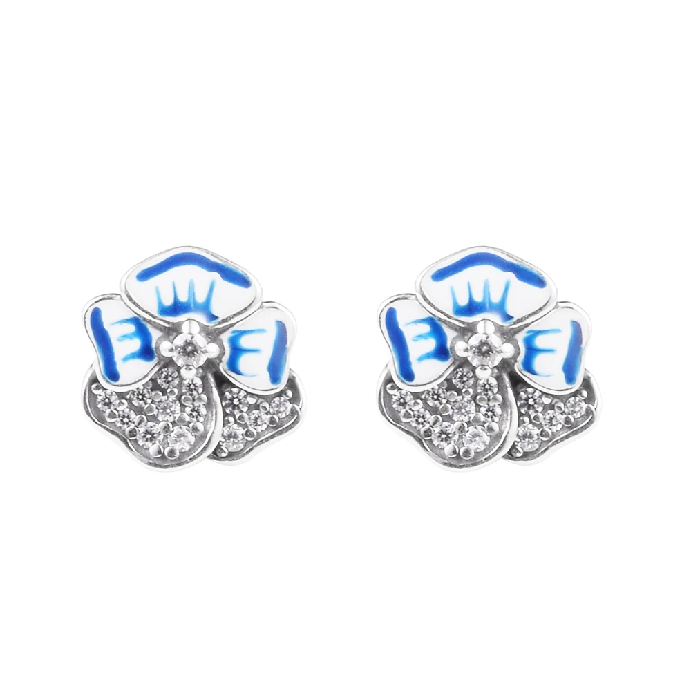 Blue Pansy Flower Stud Earrings  for Women 925 Sterling Silver Earrings Jewelry Pink Flower Crystal Jewellery Women Earrings