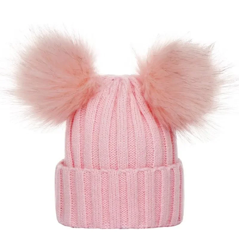 children\'s winter toddler baby kids faux fur hat cap beanie with 2 two double pom poms pompom ears  funny hat for boys and girls