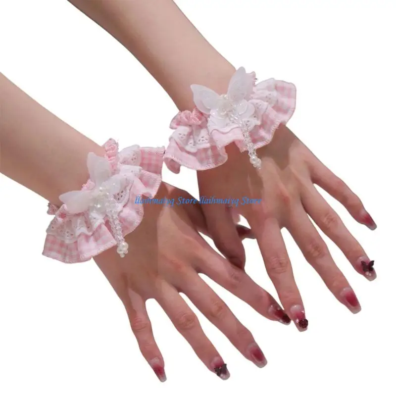 573B Fashion Lace Wrist Sleeves Ruffle Cuffs With Bowknot Checker Pattern Photo Props