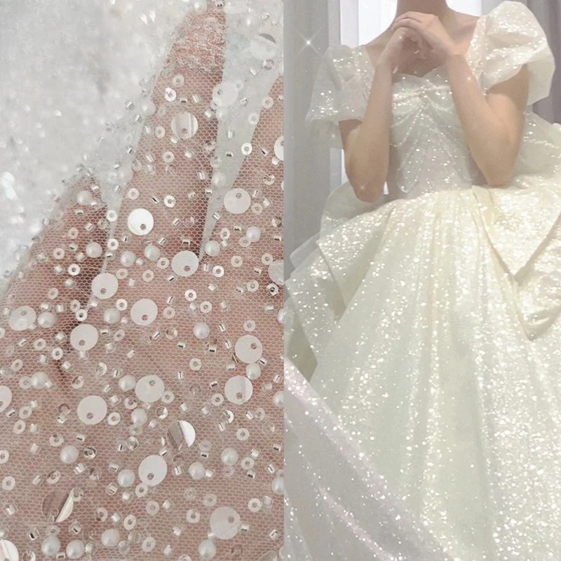 5 Yard Embroidered Tulle Fabric with Scattered Floral Seed Beads 3mm with Big Sequins for Wedding Dress Gowns Material