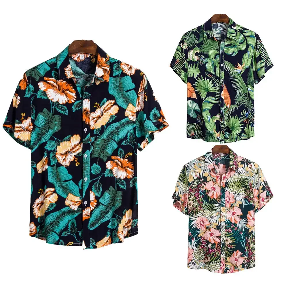 Hawaiian Shirt Men Beach Casual Short Sleeve Button Down Shirts Tropical Leaf Floral 3D Printed Clothing for Summer Vacation