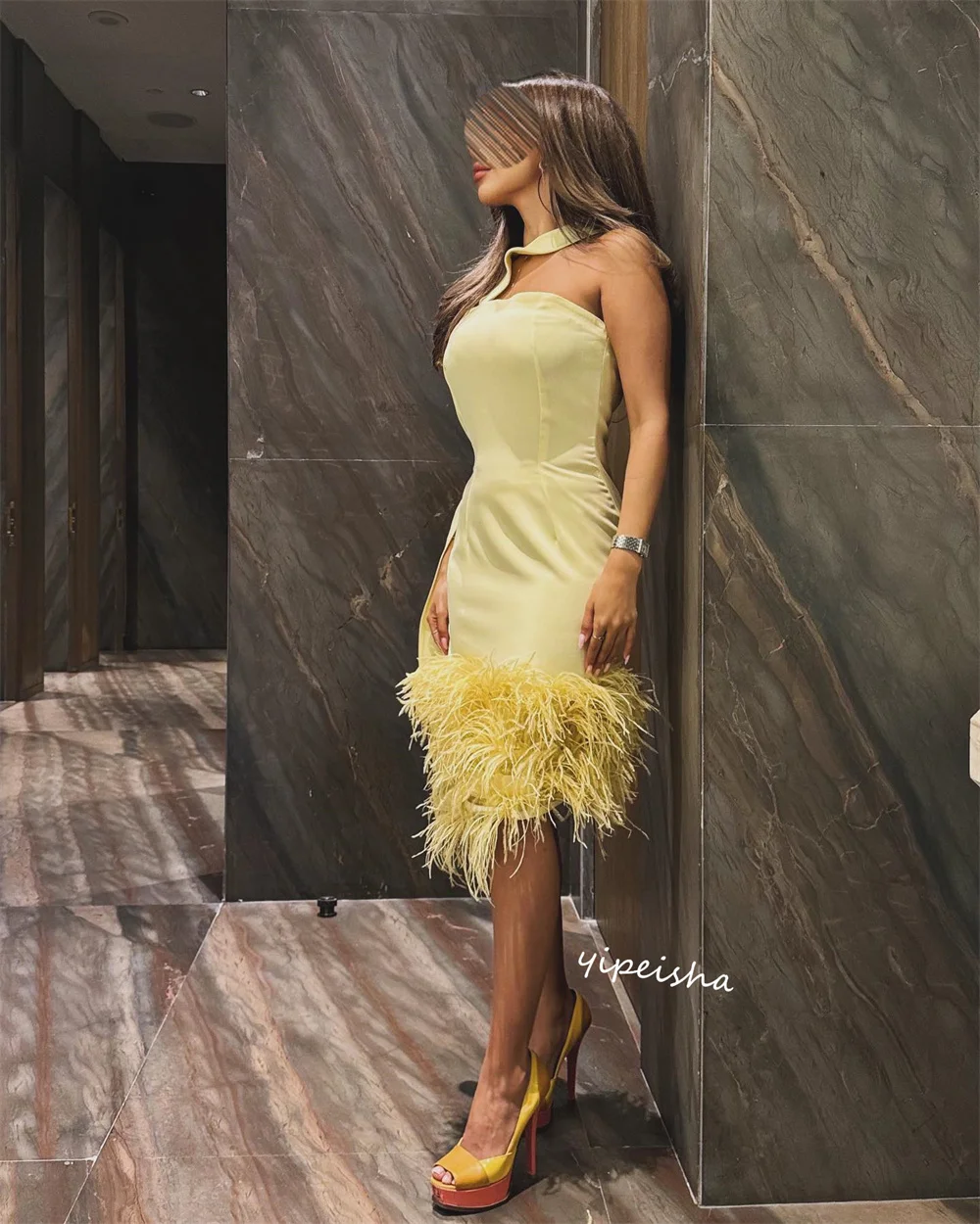    Jersey Feather Clubbing A-line High Collar Bespoke Occasion Gown Knee Length es Saudi Arabia  Dresses 