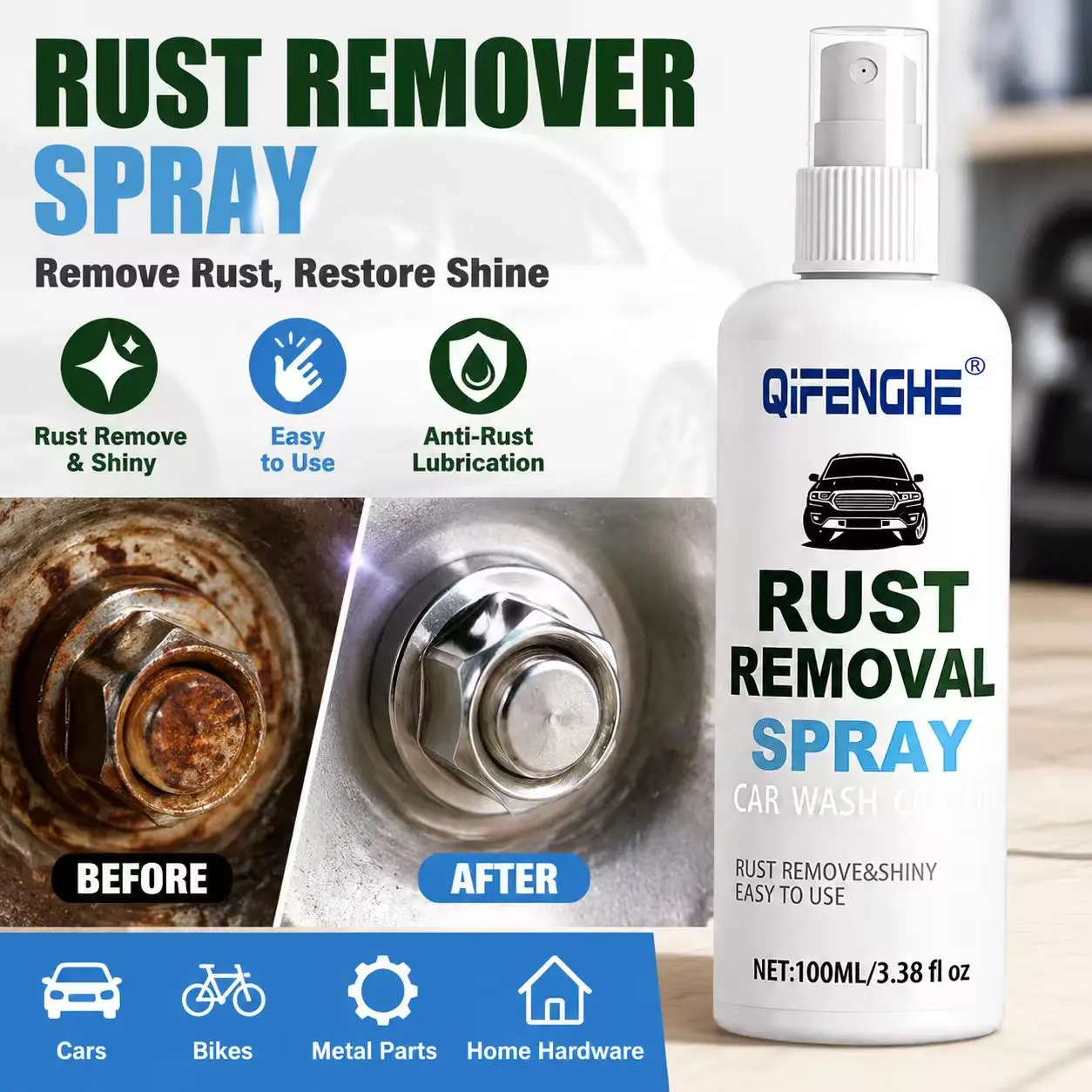 Universal Quick Rust Remover Spray For Car Bike Metal Hardware Restore Shine Anti Rust Lubrication Easy To Use 100ml