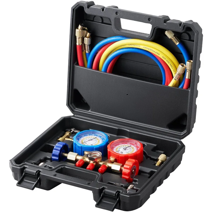 AC Gauge Set 3 Way Manifold for R134A R22 R12 R502 Refrigerant Freon Charging and Evacuation with 5ft Hoses Couplers Can Tap Bl