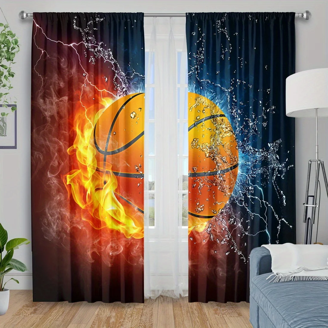 2pcs Fire Water Basketball Print Curtains Sport Theme Polyester Window Drapes for Kids Room Game Room Dynamic Home Decor