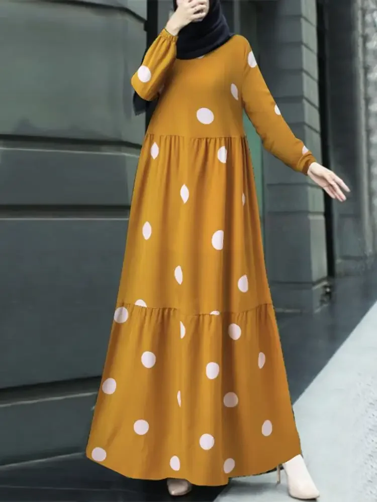 

Casual Loose Holiday Elegant Long Robe Spring Women Polka Dots Muslim Dress Lapel Full Sleeved Abaya Kaftan Sundress