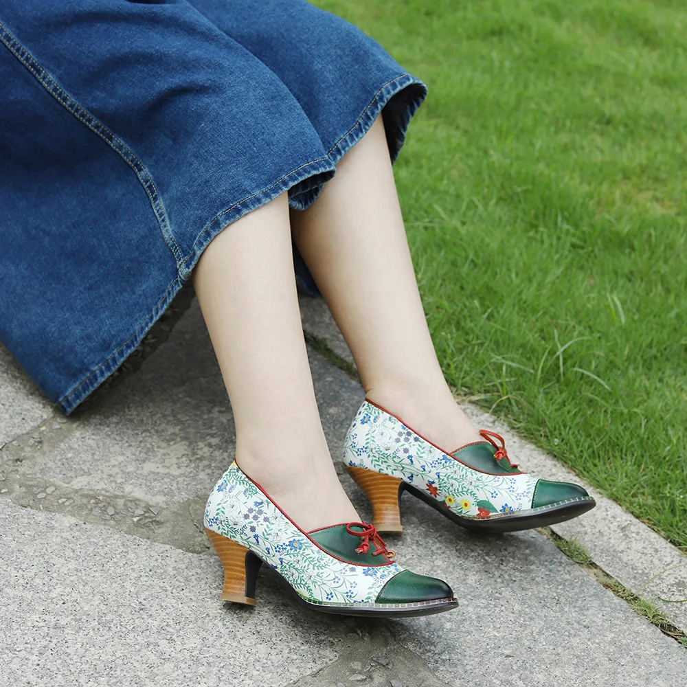 Socofy Raffan Luxury Summer Vintage Printed Genuine Leather Block Mid Heel Ankle Hook Loop Women Pumps