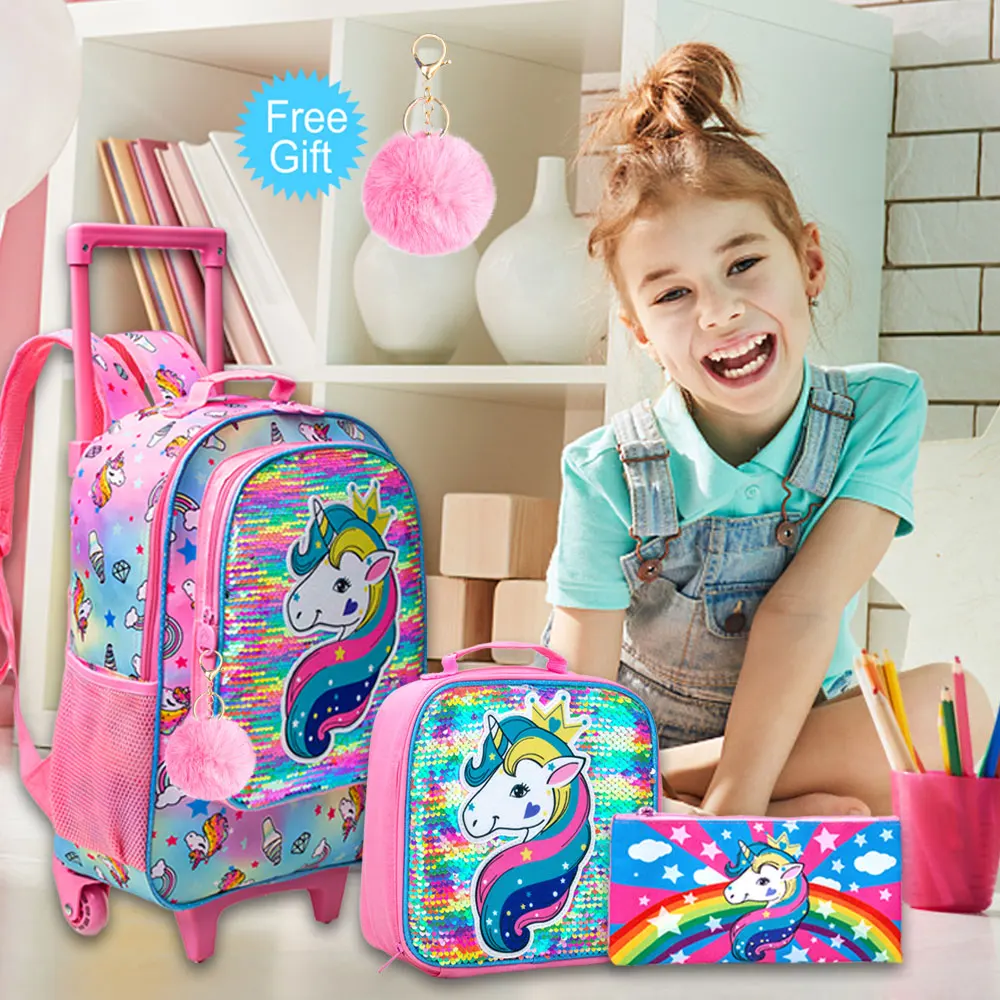 3PCS Rolling Backpack for Girls Kids Roller Wheels Bookbag with Lunch Bag Pink Unicorn Glow-in-the-dark Function (en inglés)