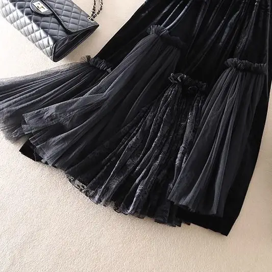 French Vintage Black Pleated Half length 2023 Autumn Mid length High Waist A-line Skirt Spliced Umbrella Skirt