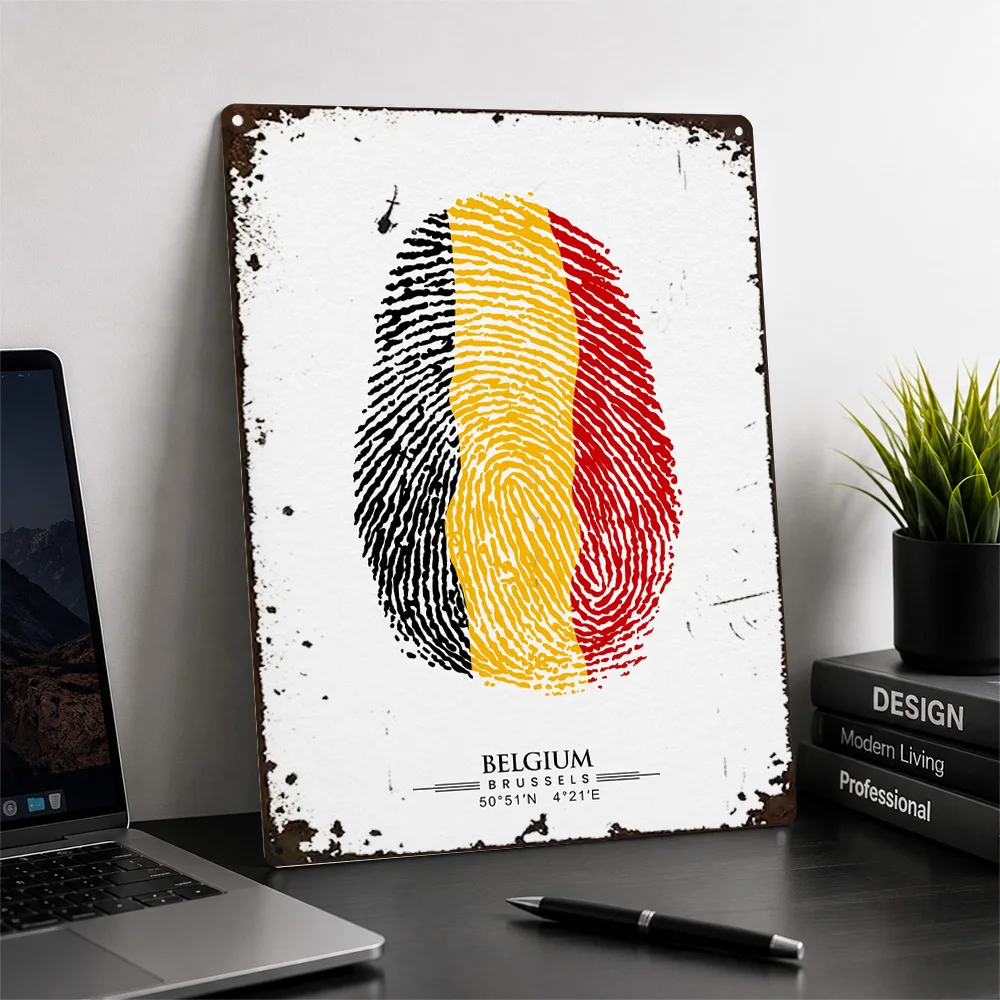 Belgium Flag Fingerprint Textured Metal Poster Graphic Wall Art For Home Office Personalized Aluminum Sign Geography Fan Gift