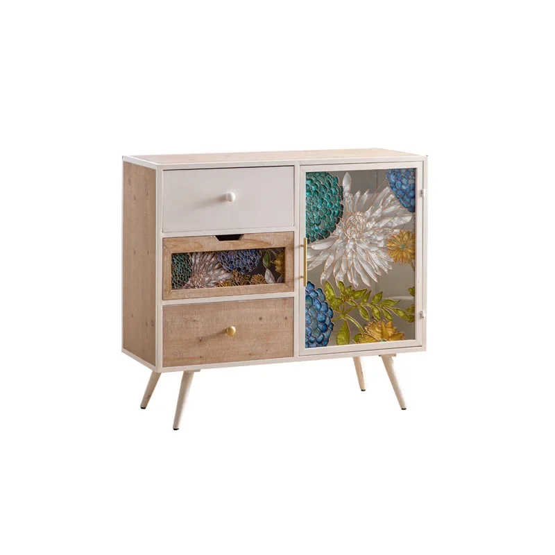 American hand-painted enamel sideboard, pantry combination storage cabinet, dust-proof glass, light luxury chest of drawers