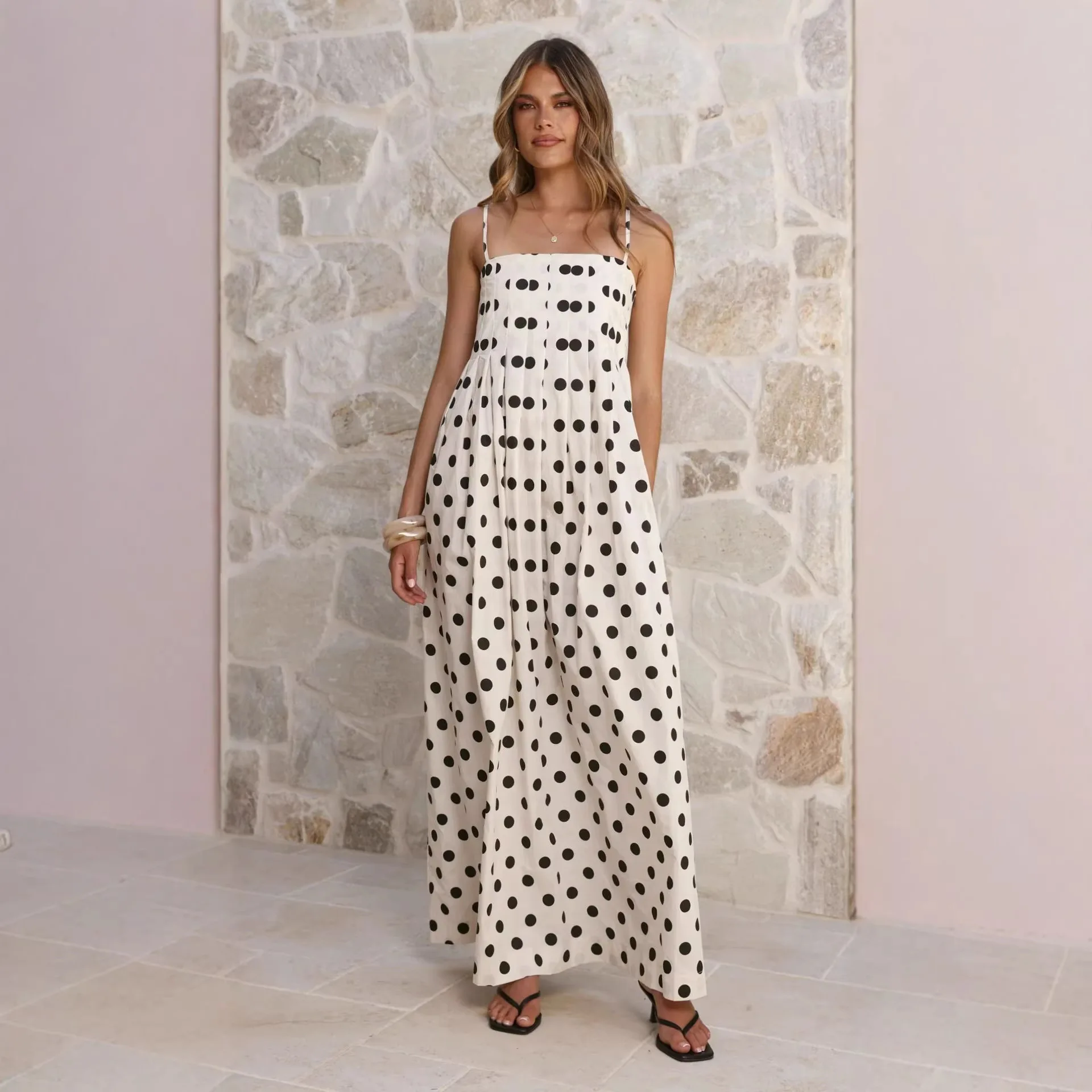 

Vintage Backless Long Dresses Women Hollow Out Sexy Off Shoulder Sleeveless Loose Dress Fashion Polka Dot Print Summer Dress