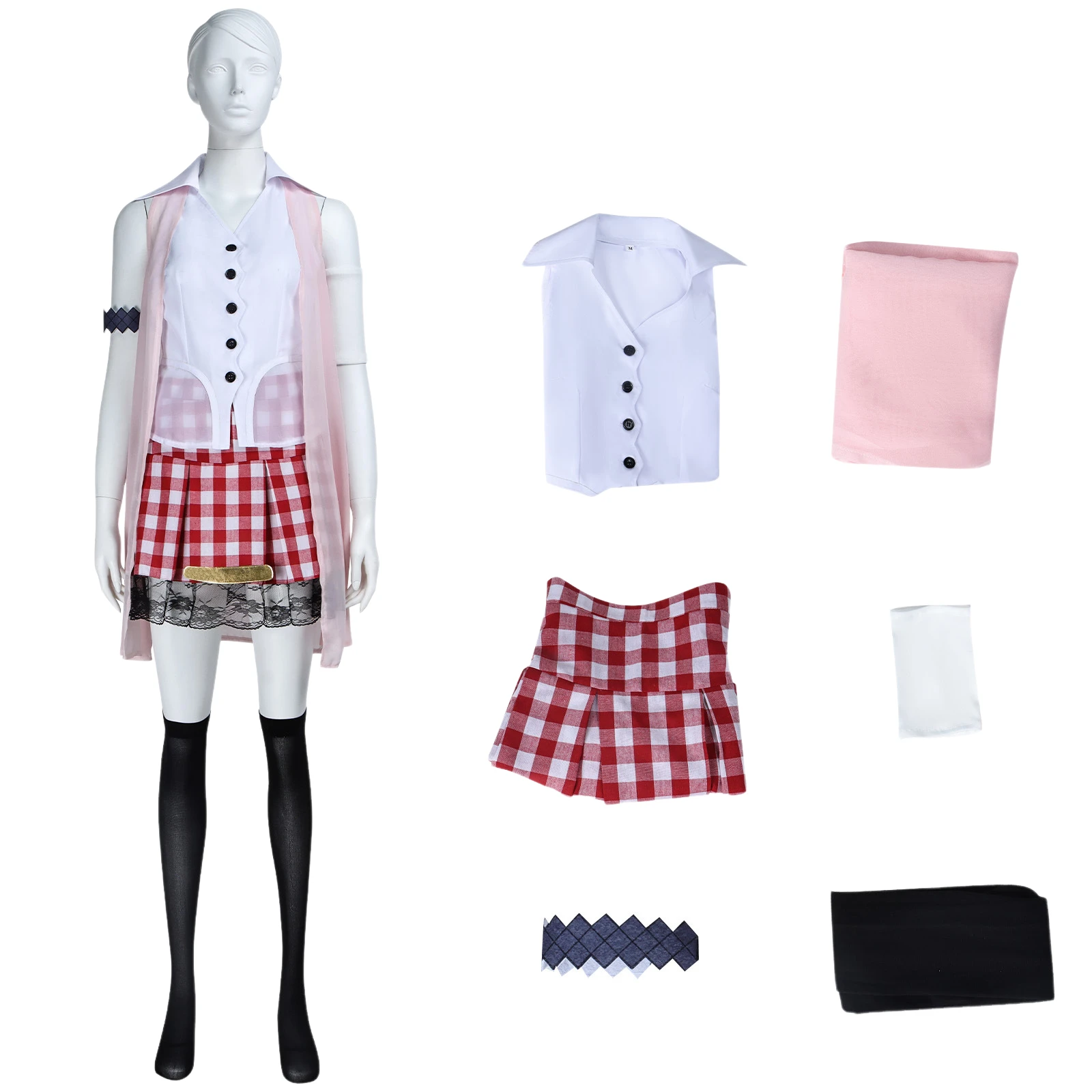 

AwwwCos Game Lightning Eclair Farron Cosplay Costume White Shirt Plaid Skirt Socks Uniform Full Set for Halloween Party