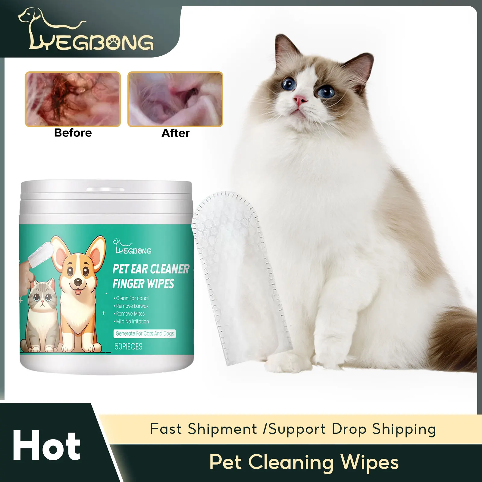 

Pet Cleaning Wipes Dog Teeth Strain Cat Tear Puppy Earwax Soft Mite Removal Oral Care Disposable Deodorizing Eye Cleaner for Dog