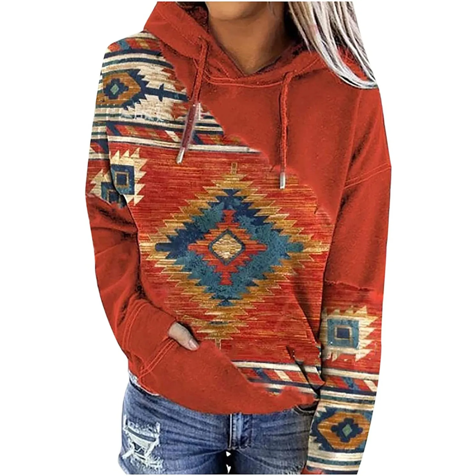 Womens Casual Geometric Horse Print Long Sleeve Drawstring Pullover Tops, Ethnic Style Hooded Sweatshirt