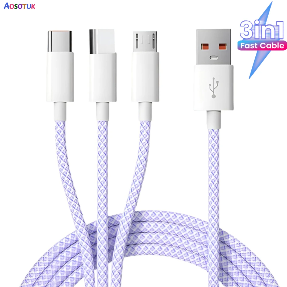 1M/2M 66W 3 in 1 Fast Charging Cable 2 in 1 USB Type C Cable Fast Charger Cable for Samsung S21 Huawei Xiaomi  for iphone 14 13