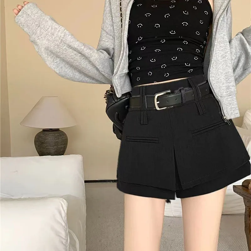 High Waist Suit Belt Shorts Women Summer Loose A Line Wide Leg Shorts Y2K Ladies Korean Chic Asymmetric Pleated Solid Shorts New