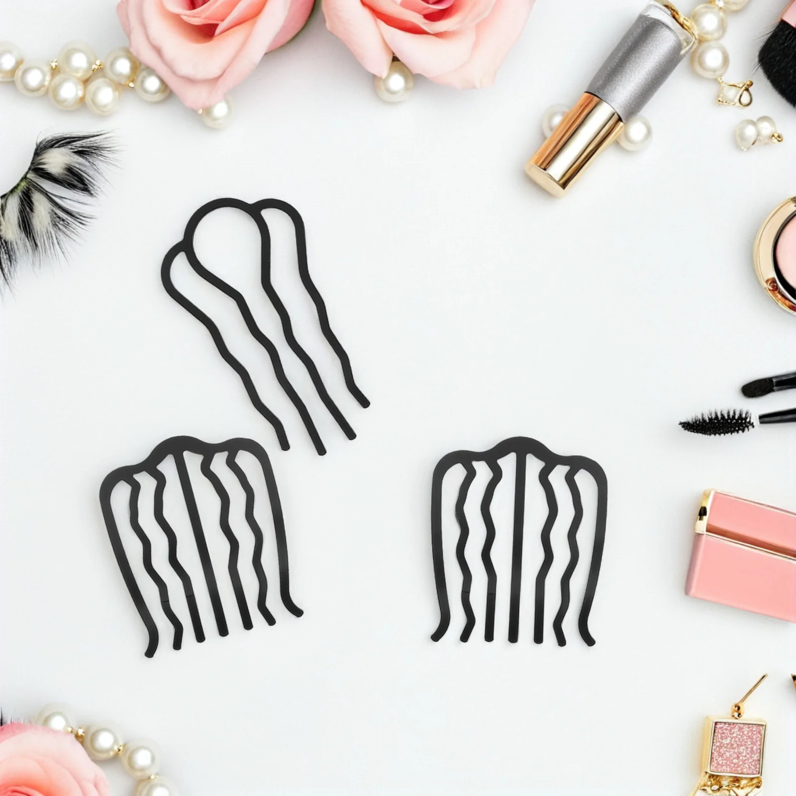 

6pcs Black Hairpin Combs for Women Sleek Wave Grip Decorative Bun Clips Metal Hair Accessories Styling Holder Fork