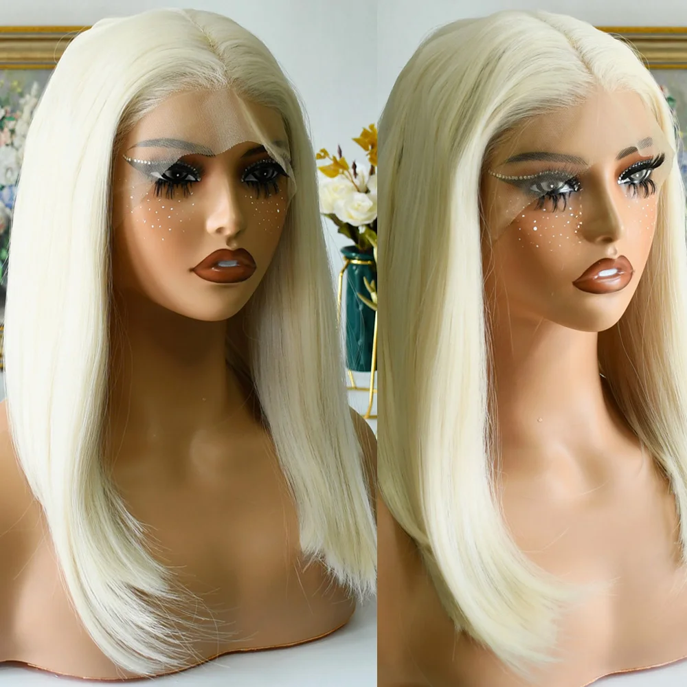 화이트 가발 13x4 스트레이트 레이스 프론트 가발 10인치 숏 보브 레이스 프론탈 가발 글루리스 고품질 내열성 섬유 데일리 착용