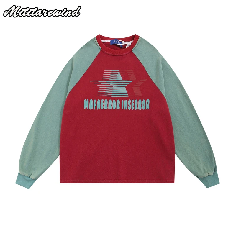 American Retro Star Print Vintage Washed Color Contrast Patchwork Sweatshirts For Men And Women Autumn Trendy Couple Loose Top