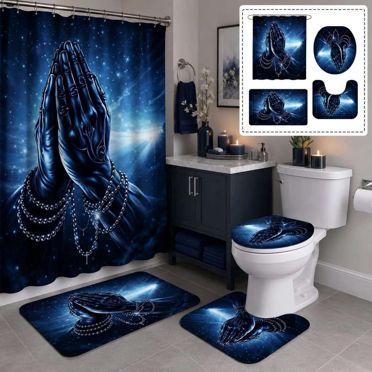 4pcs Praying Hands Shower Curtain Set • Dark Blue Hands with Pearls Bathroom Decor • Additions with U-Shaped Toilet Lid Cover • 12 Hooks 180X180Cm Curtain • Spiritual Art Home Decor Bathroom Additions