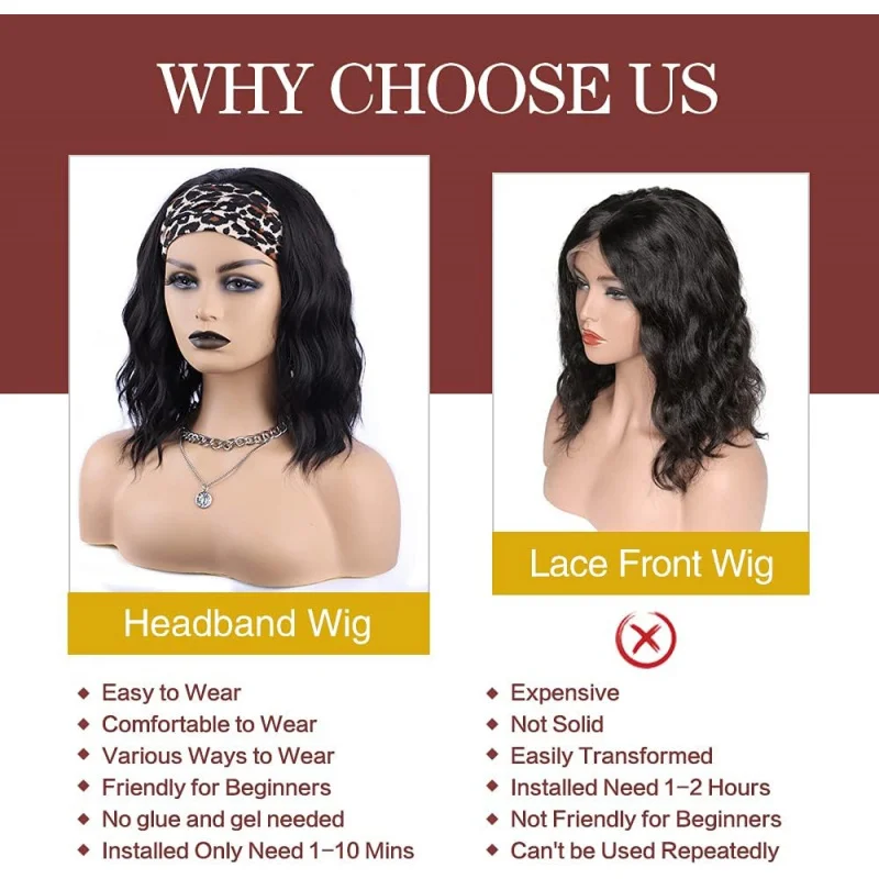 Women's Short Wavy Bob Wig with Headband, Black