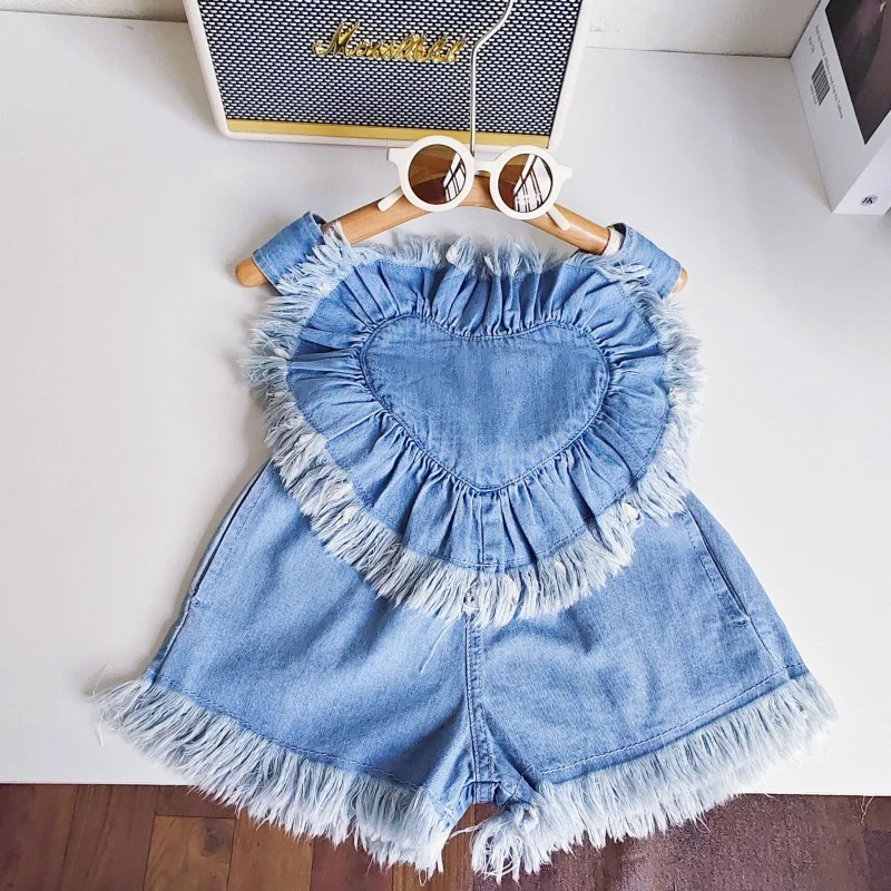 

Summer New Girls' Suit Love Brushed Denim Camisole plus Shorts Two-Piece SuitWS