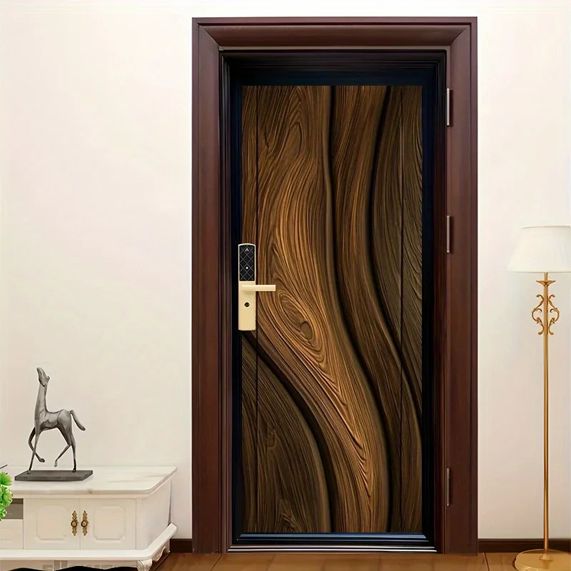 1 pair of wood grain design 2D flat self-adhesive door stickers, modern vinyl door stickers - easy to tear stickers, artistic de view 3