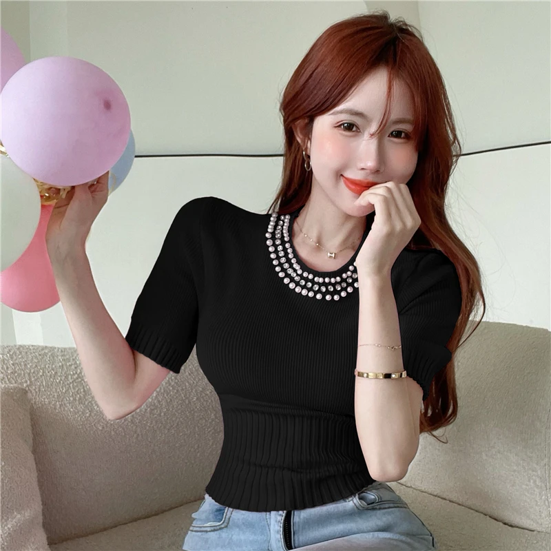 New 2022 Chic Korean Fashion T-Shirts Knitted Women Summer Pearl Beading Elegant Vintage Lady Short Pink Tops