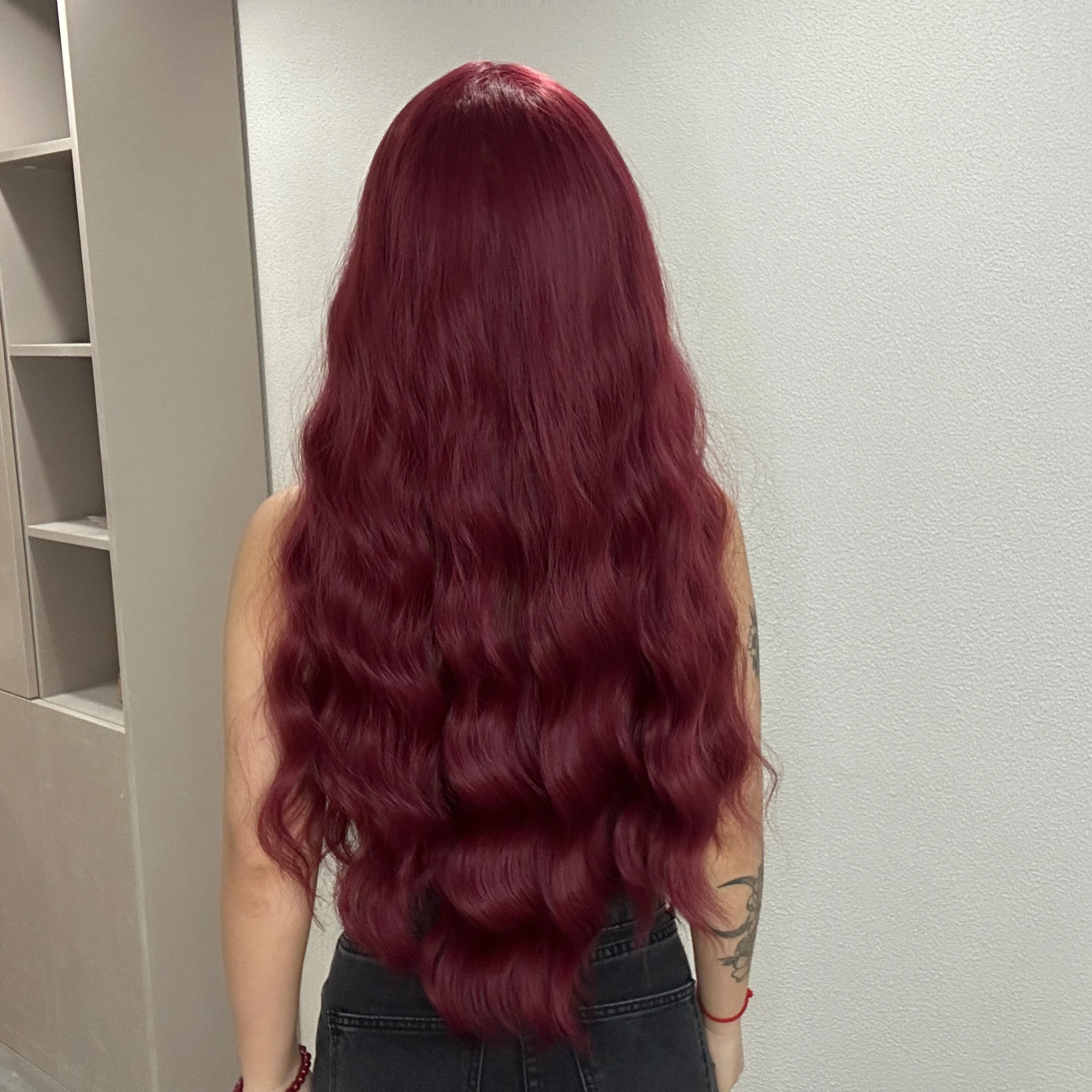 ALAN EATON Long Burgundy Wave Synthetic Hair Wigs Natural Middle Part Wine Red Wig for Daily Party Use Women Heat Resistant Wig